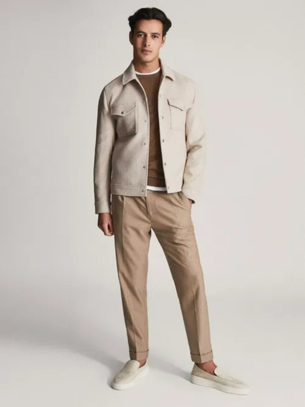 Reiss Jenner Wool Blend Jacket in Stone with Silver Snaps Size Medium